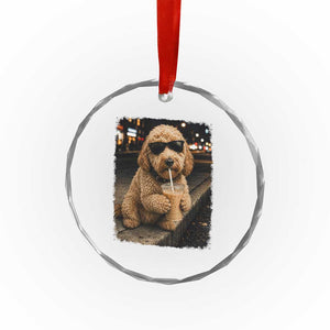 Goldendoodle Drinking Iced Coffee Crystal Glass Ornament Grunge Graphic Funny Dog Lover