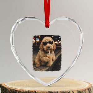 Goldendoodle Drinking Iced Coffee Heart Crystal Glass Ornament Grunge Graphic Funny Dog Lover