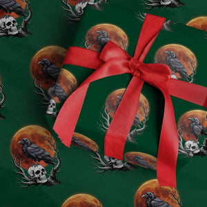 Gothic Raven on Skull Blood Moon Wrapping Paper Roll Spooky Halloween Macabre Dark Art Graphic TS02 Green Print Your Wear