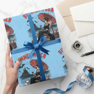 Gothic Summerween Wrapping Paper Roll Spooky Summer Halloween Horror Character TS02 Light Blue Print Your Wear