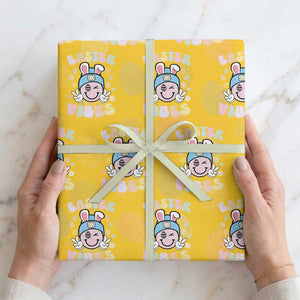 Groovy Easter Vibes Wrapping Paper Roll Retro Bunny Smile Eggs TS10 Yellow Print Your Wear
