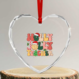 Groovy Holly Jolly Teacher Christmas Retro Xmas Heart Crystal Glass Ornament TS02 Transparent Glass 3'' Heart Print Your Wear