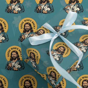 Guess Who is Back Funny Christian Easter Wrapping Paper Roll Winking Jesus with Lamb Cute Resurrection Humor Gift TS02 Teal Print Your Wear
