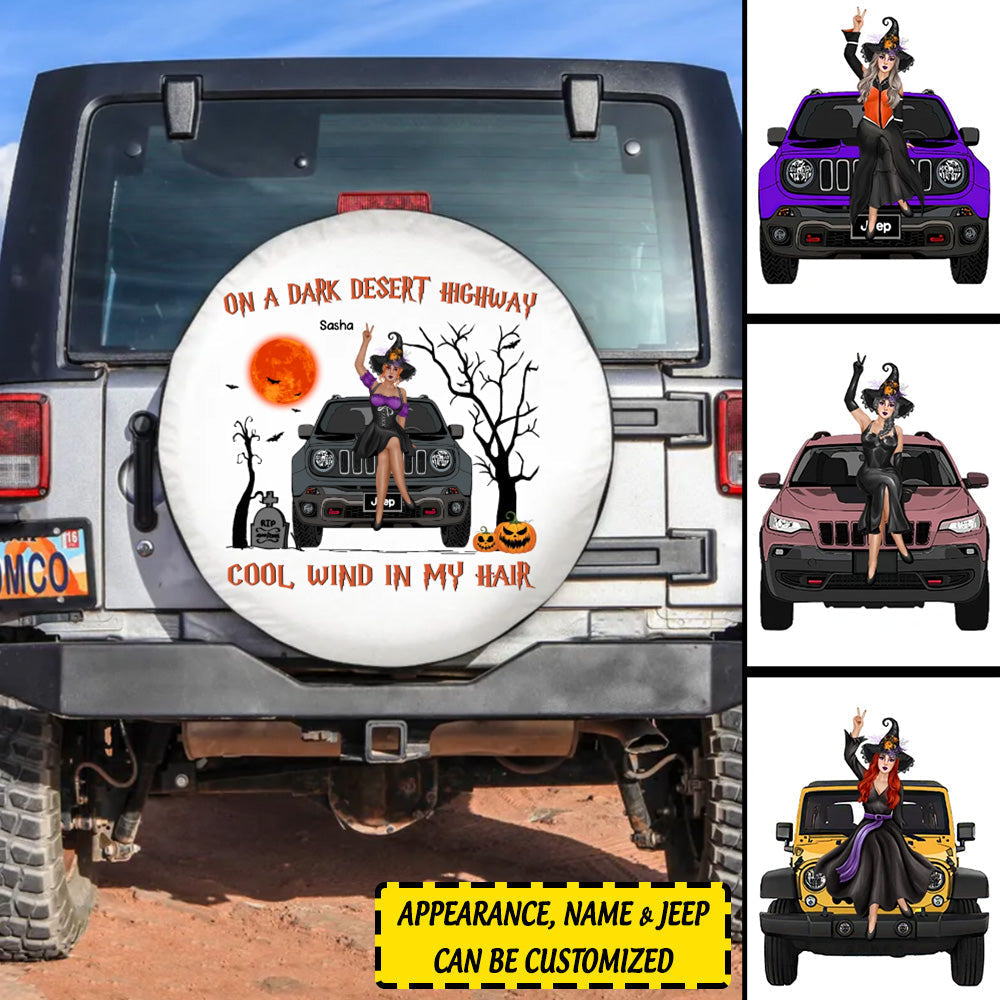 Custom Jeep Tire Cover With Camera Hole, On A Dark Desert Highway Cool Wind In My Hair Spare Tire Cover CTM Custom - Printyourwear