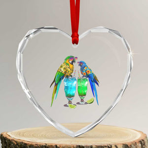 Hawaiian Parrots Drinking Margaritas Heart Crystal Glass Ornament Beach Vacation Gift