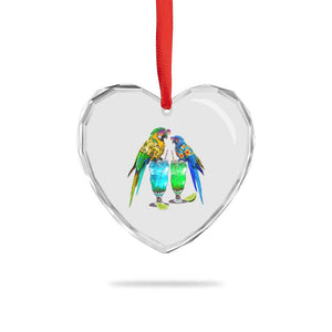 Hawaiian Parrots Drinking Margaritas Heart Crystal Glass Ornament Beach Vacation Gift