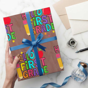 Hello First Grade Teacher Wrapping Paper Roll Back To School 1st Grade Team TS10 Mocha Print Your Wear