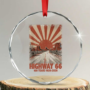 Highway 66 Main Street of America Sunset Horizon Crystal Glass Ornament Centennial 1926-2026 Retro Desert Sunburst Graphic TS02 Transparent Glass 3'' Circle Print Your Wear