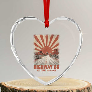 Highway 66 Main Street of America Sunset Horizon Heart Crystal Glass Ornament Centennial 1926-2026 Retro Desert Sunburst Graphic TS02 Transparent Glass 3'' Heart Print Your Wear