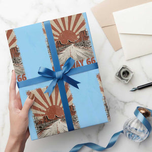 Highway 66 Main Street of America Sunset Horizon Wrapping Paper Roll Centennial 1926-2026 Retro Desert Sunburst Graphic TS02 Light Blue Print Your Wear