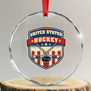 Hockey Crossed Sticks And Puck Retro USA Shield Flag Crystal Glass Ornament Red White Blue Striped Patriotic Sports Fan Pride Graphic TS02 Transparent Glass 3'' Circle Print Your Wear
