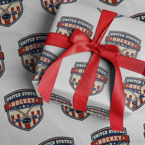 Hockey Crossed Sticks And Puck Retro USA Shield Flag Wrapping Paper Roll Red White Blue Striped Patriotic Sports Fan Pride Graphic TS02 White Print Your Wear