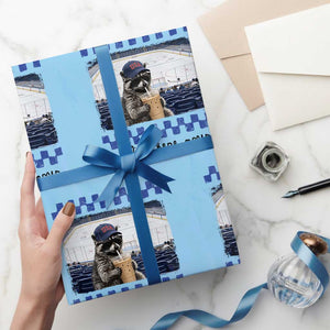 Hockey Mom Raccoon Iced Coffee Wrapping Paper Roll I Live Here Now TS14 Light Blue Print Your Wear
