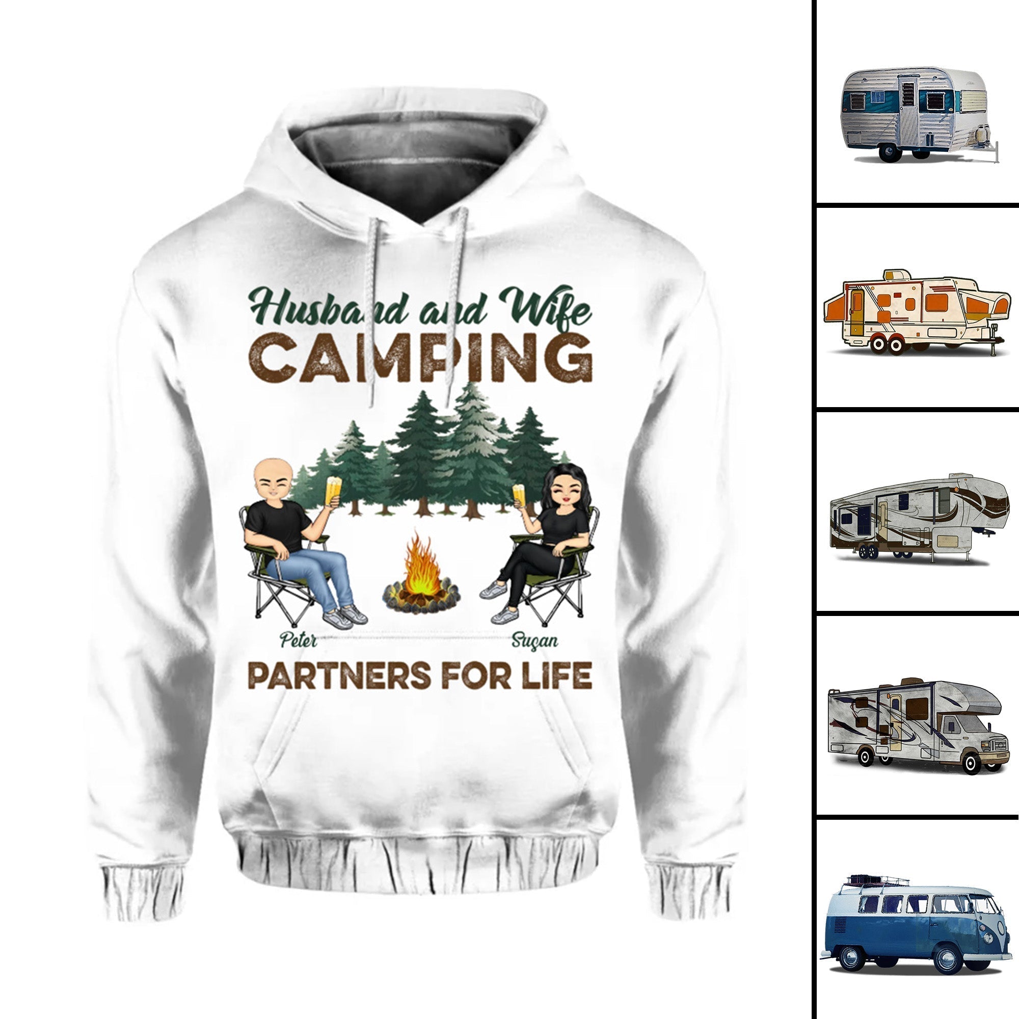 Personalized Camping Hoodie Husband and Wife Partners For Life White CTM Custom - Printyourwear