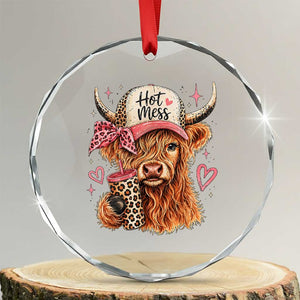 Hot Mess Highland Cow Pink Leopard Coquette Crystal Glass Ornament Cute Western Country Mom Life