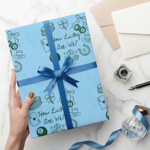 How Lucky Are We Wrapping Paper Roll Irish Shamrock Horseshoe St Patricks Day TS14 Light Blue Print Your Wear
