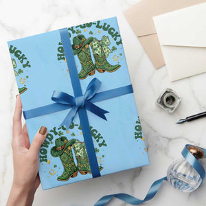 Howdy Go Lucky Wrapping Paper Roll Green Cowboy Boots St Patrick's Day TS14 Light Blue Print Your Wear