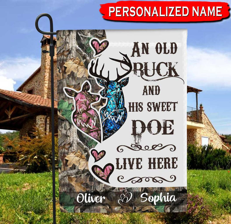 Personalized Deer Hunting Flag Couple Deer An Old Buck And His Sweet Doe Lives Here CTM One Size Custom - Printyourwear