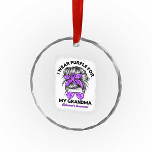 I Wear Purple For My Grandma Crystal Glass Ornament Alzheimers Awareness Messy Bun Graphic