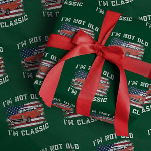 I'm Not Old I'm Classic Wrapping Paper Roll Vintage 1957 Hot Rod Silhouette Patriotic American Flag