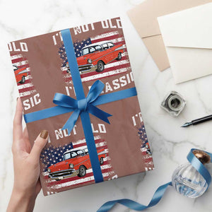 I'm Not Old I'm Classic Wrapping Paper Roll Vintage 1957 Hot Rod Silhouette Patriotic American Flag