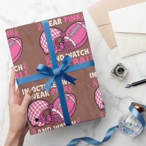 In October We Wear Pink Football Breast Cancer Awareness Wrapping Paper Roll Pink Ribbon Checkered Game Day TS10 Mocha Print Your Wear