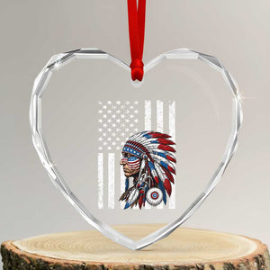 Indigenous People Tribal CG Native American Indian Chief American USA Flag Heart Crystal Glass Ornament