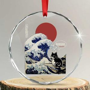 Japanese Kawaii Anime Cat Crystal Glass Ornament Funny Surfing Cat Bruh Retro The Great Wave Kanagawa TS10 Transparent Glass 3'' Circle Print Your Wear