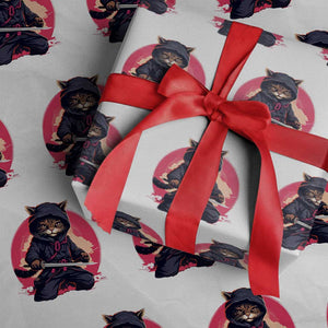 Japanese Ninja Cat Wrapping Paper Roll Ancient Japan Warrior Samurai Tattoo Kawaii Vintage TS02 White Print Your Wear