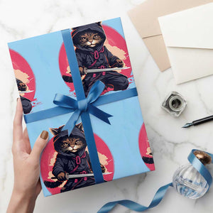 Japanese Ninja Cat Wrapping Paper Roll Ancient Japan Warrior Samurai Tattoo Kawaii Vintage TS02 Light Blue Print Your Wear