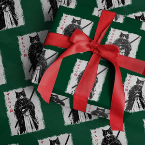 Japanese Samurai Cat Wrapping Paper Roll Retro Vintage Ukiyo-e Warrior Art Graphic TS02 Green Print Your Wear