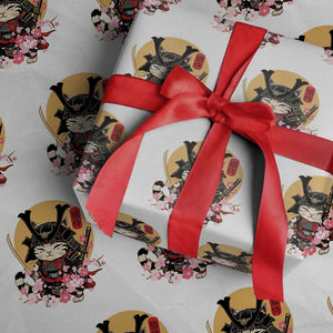 Japanese Samurai Cat Wrapping Paper Roll Ancient Ninja Kitten Warrior Tattoo Kawaii Otaku Retro TS02 White Print Your Wear