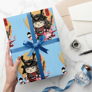 Japanese Samurai Cat Wrapping Paper Roll Ancient Ninja Kitten Warrior Tattoo Kawaii Otaku Retro TS02 Light Blue Print Your Wear