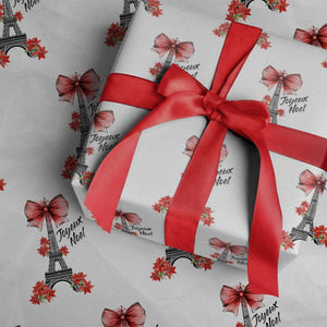 Joyeux Noel Eiffel Tower Wrapping Paper Roll Christmas In French Coquette Bow TS11 White Print Your Wear