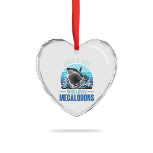 Just A Boy Who Loves Megalodons Heart Crystal Glass Ornament Megalodon Shark Lover Retro Graphic