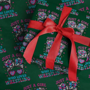 Just A Girl Who Loves Wrestling Wrapping Paper Roll Funny Wrestle Lover Wrestler Messy Bun TS10 Green Print Your Wear