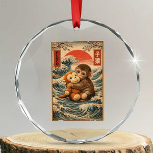 Kawaii Baby Monkey Punch Crystal Glass Ornament Vintage Japanese Graphic Cute Macaque Ukiyo-e TS10 Transparent Glass 3'' Circle Print Your Wear