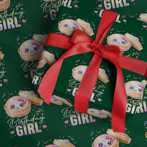 Kawaii Birthday Girl Glitter Dumpling Graphic Wrapping Paper Roll Cute Pink Bow Dim Sum Party Gift