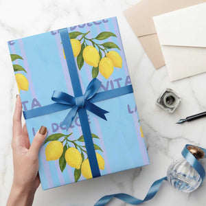 La Dolce Vita Lemon Italian Summer Wrapping Paper Roll Blue Striped TS11 Light Blue Print Your Wear