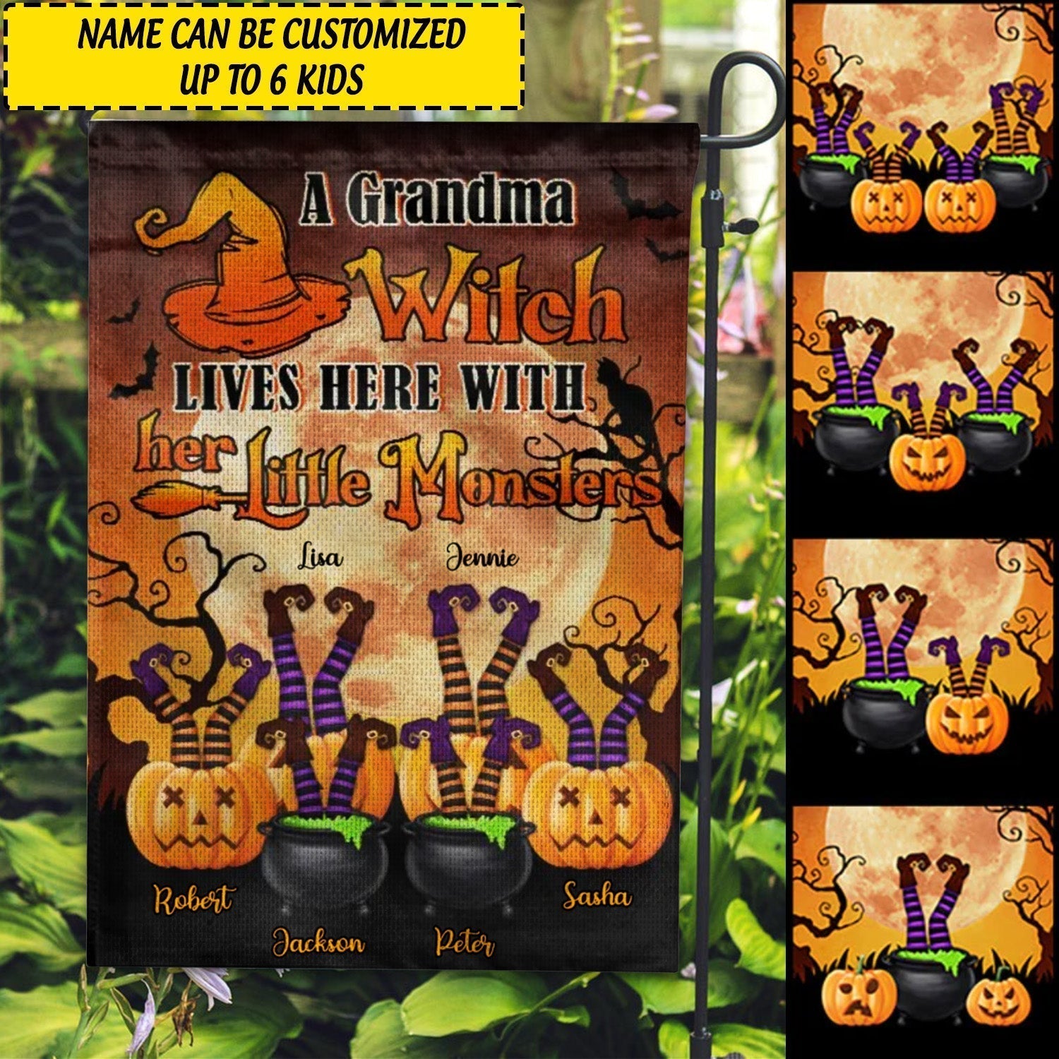 Halloween Flag Personalized A Grandma Witch Lives Here With Her Little Monsters Flag Witch Brew, Pumpkins CTM One Size Custom - Printyourwear