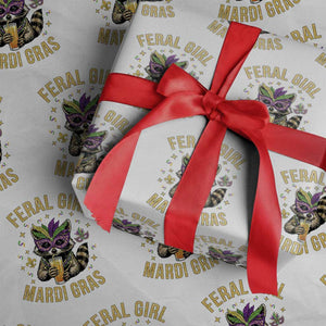 Mardi Gras Raccoon Wrapping Paper Roll Feral Girl Mardi Gras Trash Panda TS14 White Print Your Wear