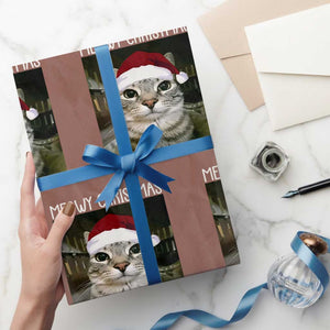 Meowy Christmas Wrapping Paper Roll Xmas Silly Staring Cat Meme Santa Hat TS10 Mocha Print Your Wear