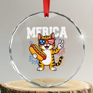 Merica Cat Crystal Glass Ornament Funny 4th of July Hot Dog and Fireworks Patriotic USA Flag TS02 Transparent Glass 3'' Circle Print Your Wear