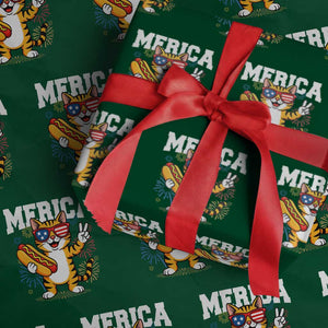 Merica Cat Wrapping Paper Roll Funny 4th of July Hot Dog and Fireworks Patriotic USA Flag TS02 Green Print Your Wear
