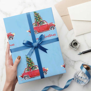 Merry Christmas Wrapping Paper Roll Vintage Xmas Tree Car TS11 Light Blue Print Your Wear