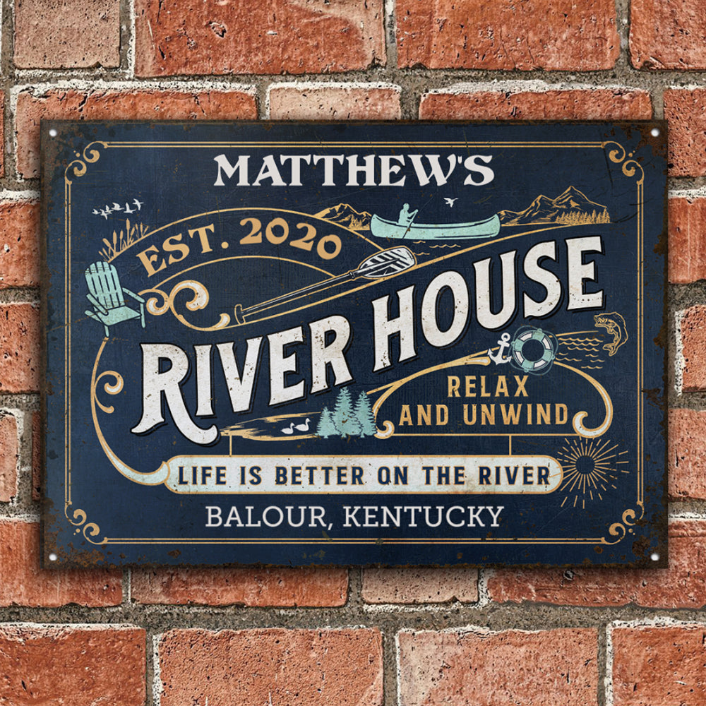 Personalized River House Life Better Metal Signs CTM One Size 24x18 inch (60.96x45.72 cm) Custom - Printyourwear