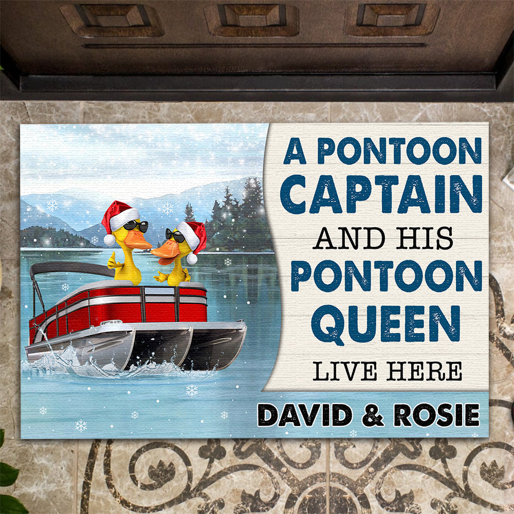 Personalized Christmas Duck Welcome Doormat Gifts For Couple Pontoon Captain and His Pontoon Queen CTM Custom - Printyourwear