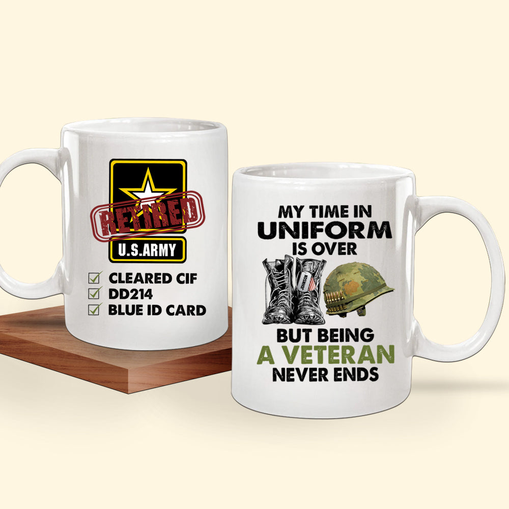 Personalized Mug My Time In Uniform Is Over But Being A Veteran Never Ends CTM One Size 11oz size Custom - Printyourwear