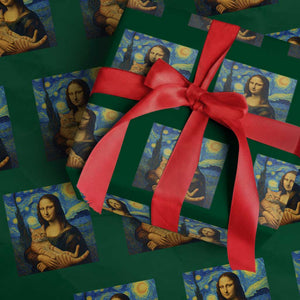 Mona Lisa Cat Starry Night Wrapping Paper Roll TS14 Green Print Your Wear