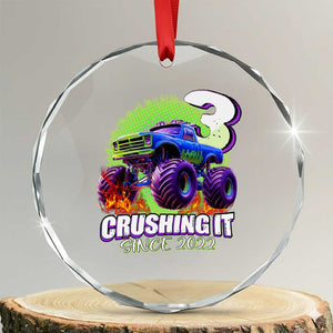 Monster Truck Birthday Crystal Glass Ornament 3 Years Old Boys Happy 3rd Bday Party TS02 Transparent Glass 3'' Circle Print Your Wear